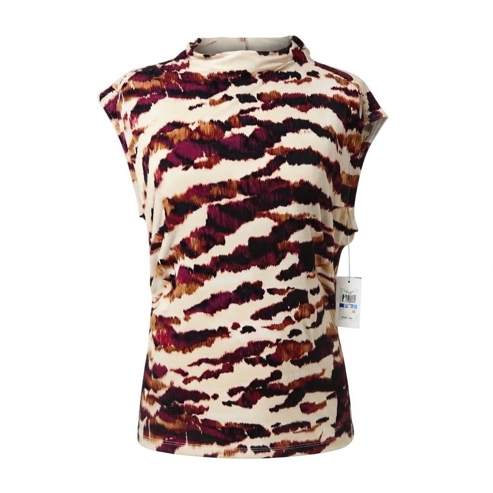 NEW DKNY Womens Large Mock Neck Sleeveless Top Abstract Animal Print